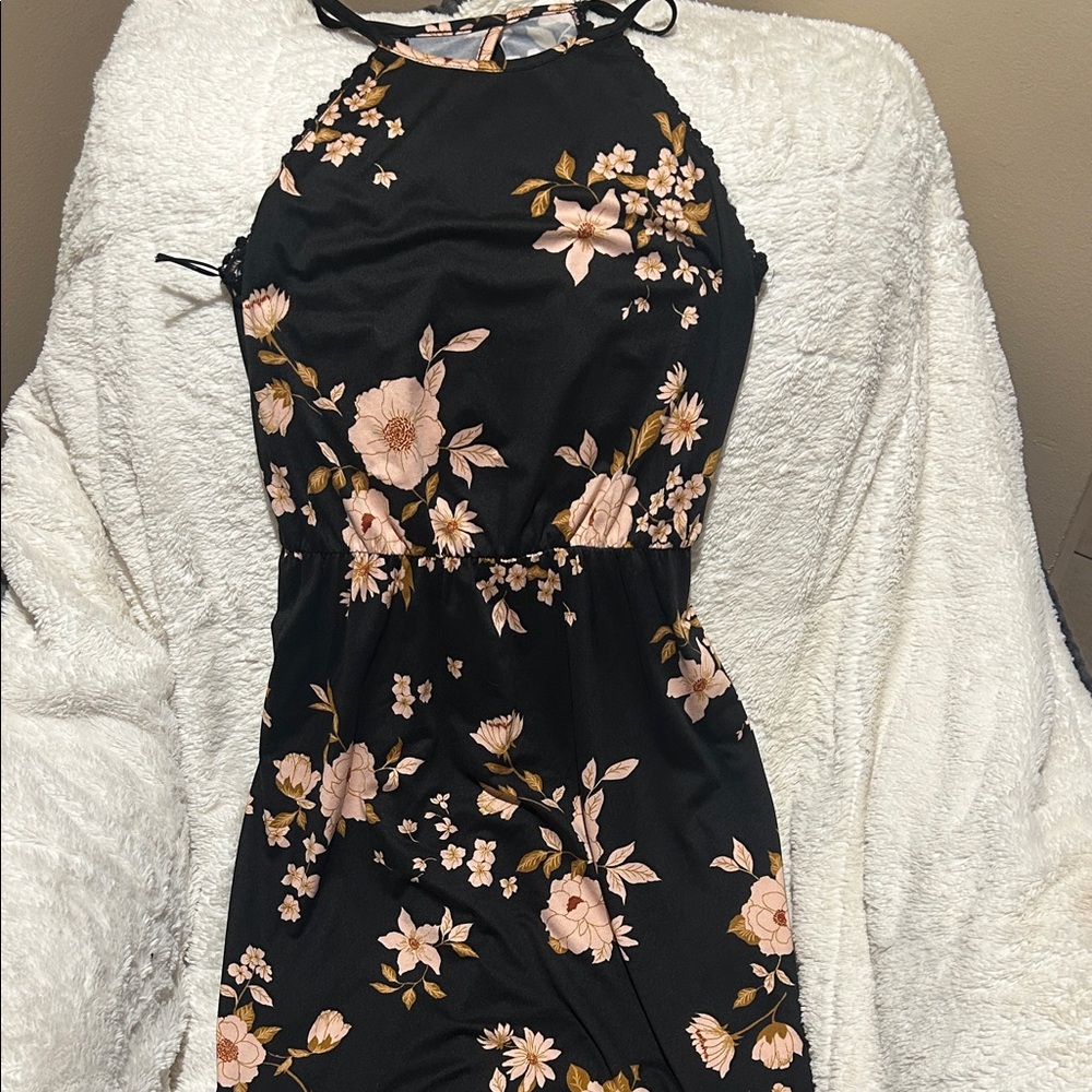 French Grey Black Maxi Dress with Pink Floral Design
